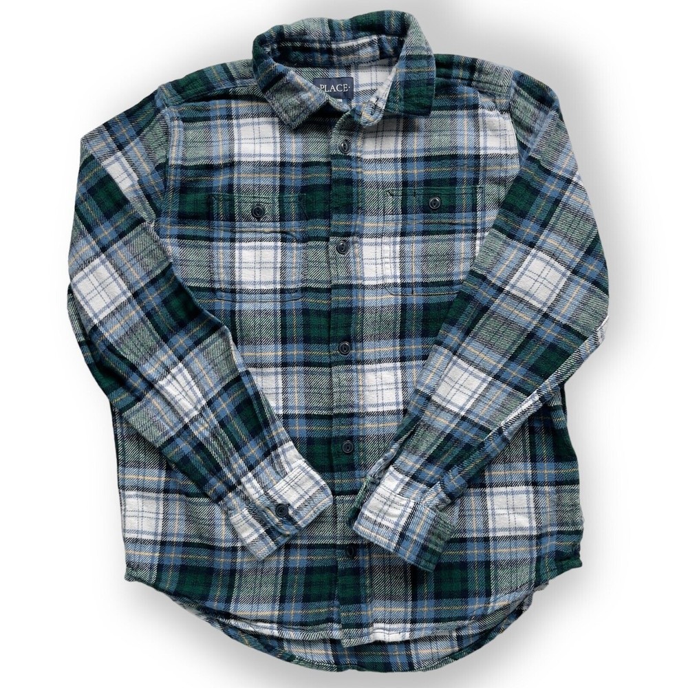 Childrens Place Boys Size 14 Long Sleeve Plaid Flannel Button Up Shirt Green